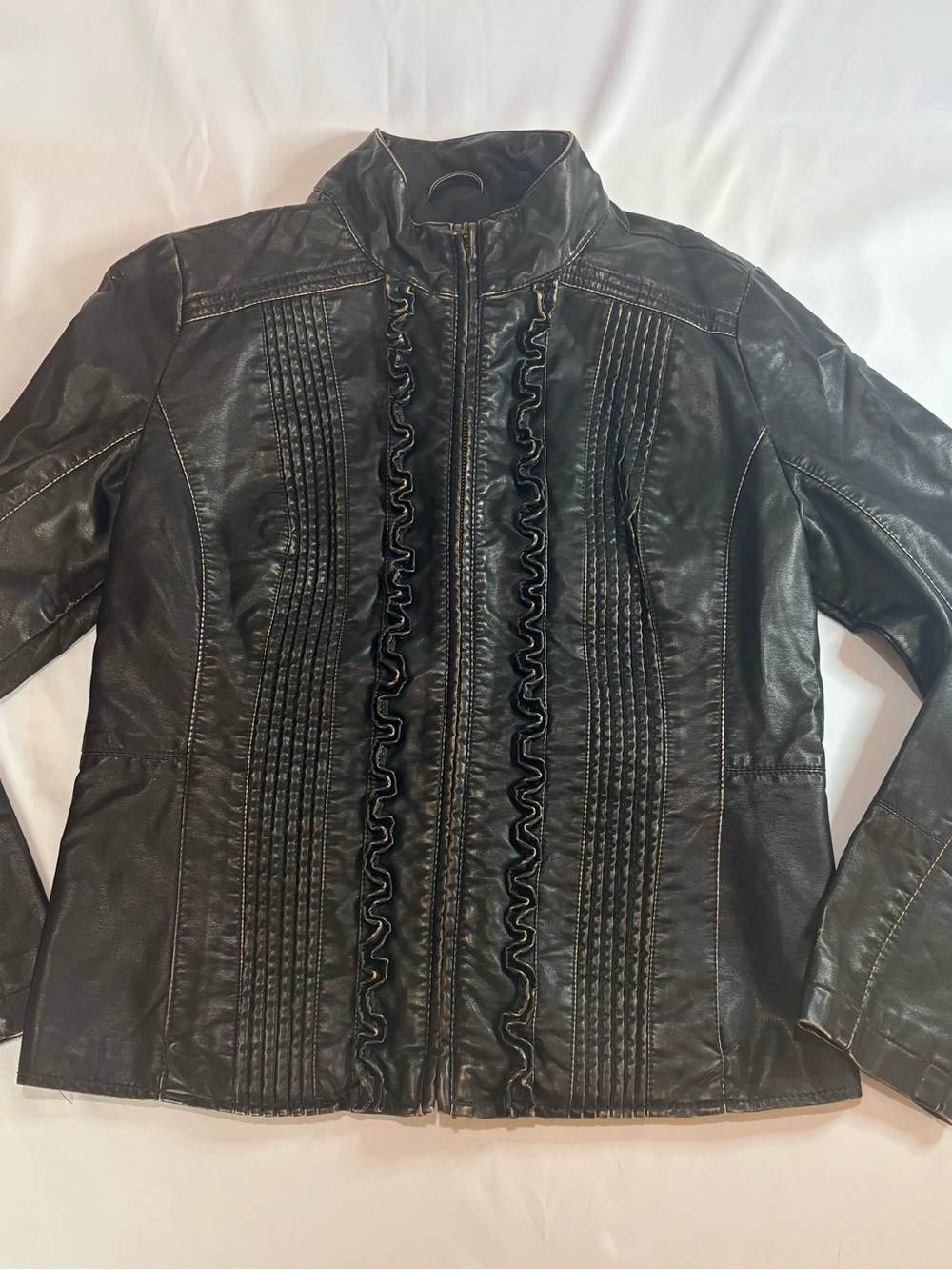 Big Chill Black Faux Leather Ruffle-Trim Zip Jacket